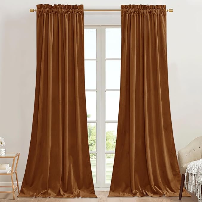 StangH Burnt Orange Privacy Velvet Curtains 90 inches Fall Decor, 2 Panels | 300GSM Soft Heavy Velvet, Boho Vintage Decor, Thermal Insulated, Room Darkening Window Drapes, Bedroom, Dining Room