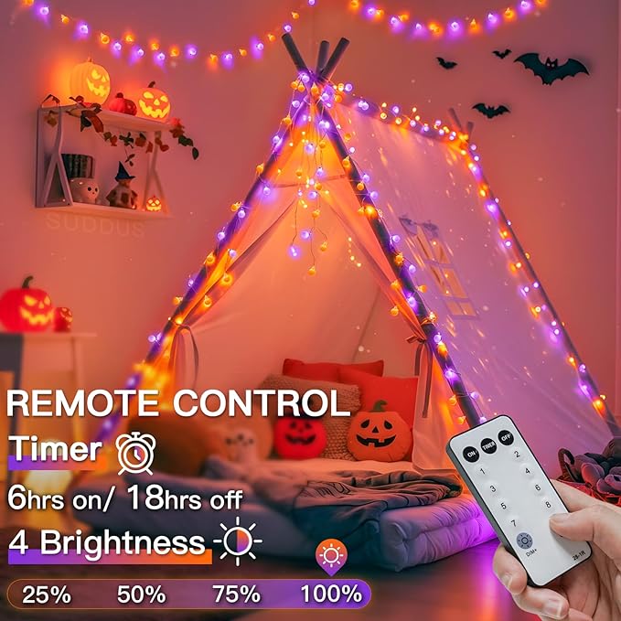 suddus 43ft Connectable Globe String Lights Plug in Remote Purple Orange | 100 Led Hanging Fairy Lights With Timer 8 Mode,String Lights for Bedroom for bedroom,Halloween Indoor ,Outdoor Decor