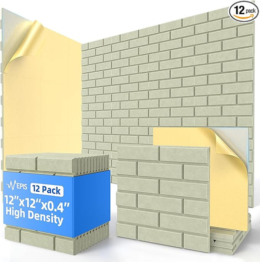 12 Pack Acoustic Panels with Self Adhesive, 12" X 12" X 0.4" High Density Sound Proof Foam Panels for Walls, Soundproof Wall Panels, Brick Sound Absorbing Panels for Home Studio Office Decor - Sage