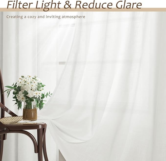 Aersas Ivory Linen Curtains 96 Inch Long for Living Room 2 Panel Back Tab Light Filtering Semi Sheer Drapes Country Rustic Farmhouse Boho Curtain 52x96