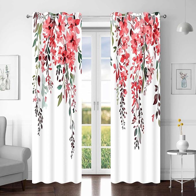 Red Watercolor Floral Curtains, Botanical Leaves Vine Flowers Curtain, Rustic Farmhouse Flower Leaf Blackout Window Treatment Drapes for Bedroom Living Room 42x72 inch, 2 Panels