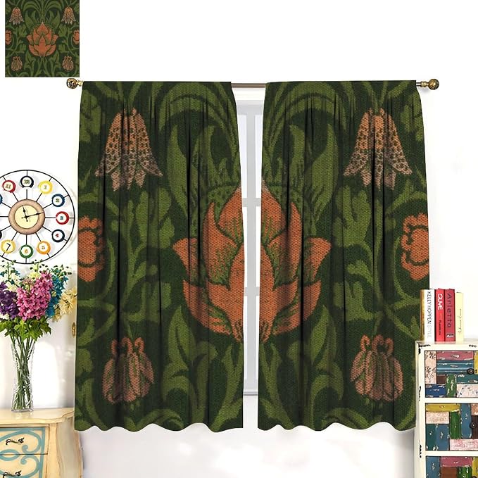Vintage Bohemia William Morri Plant Flowers Blackout Window Curtains, Abstract Art Retro Plants Pattern Print Window Drapes, for Bedroom Living Room 72x63in
