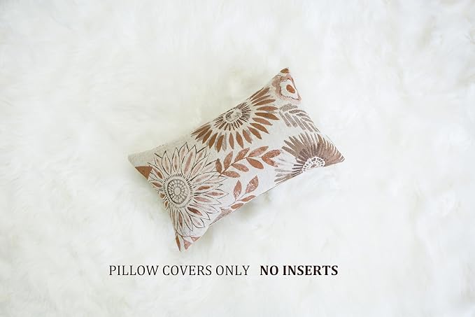 Mika Home Pack of 2 Decorative Oblong Rectangular Throw Pillow Cover Cushion Cases for Chair,Sunflower Pattern,12x20 Inches, Brown Cream