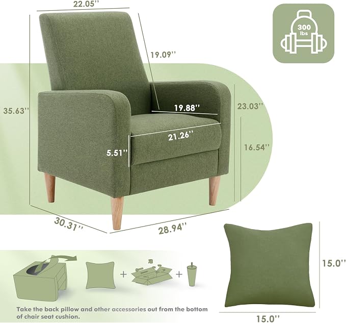 COLAMY Mid-Century Modern Accent Chair, Fabric Upholstered Living Room Chair with Back Pillow & Solid Wood Legs, Comfy Armchair for Living Room, Bedroom, Single Sofa, Green