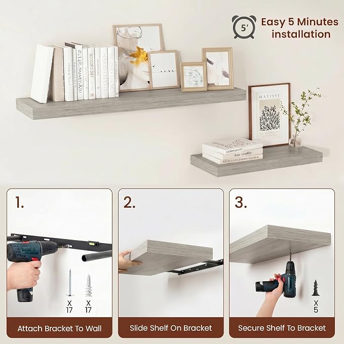 Vivelove 12" Deep Floating Shelves for Wall 16" Long, Wall Shelves for Bedroom Living Room Bathroom Kitchen Laundry Room, Farmhouse Rustic Shelves for Home Decor, 16" X 12" X 2" Set of 2, Grey
