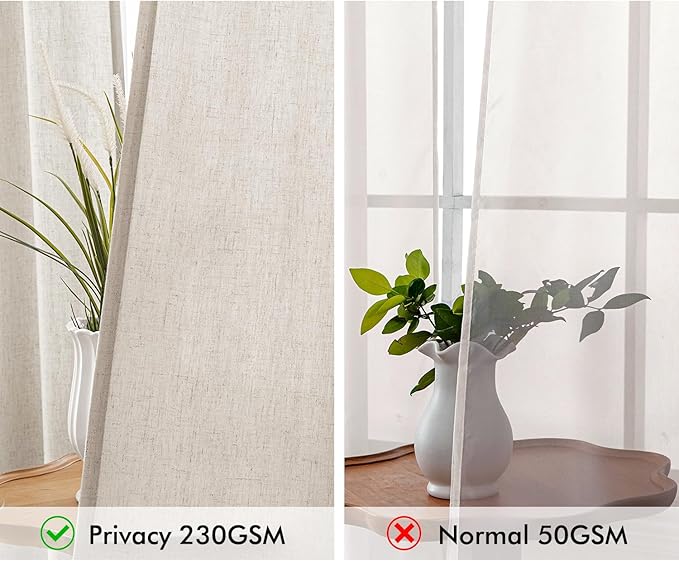 MIULEE Non-See-Through Privacy Linen Curtains 2 Panels, Light Filtering Window Curtains Farnhouse Textured Back Tab Semi Sheer Drapes for Bedroom Living Room, 52 x 63 Inches Long, Linen