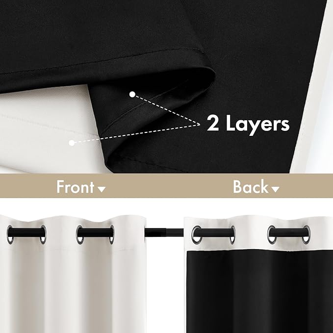 MIULEE Ivory 100% Blackout Curtains for Bedroom 90 Inch Long, 2 Thick Layers Thermal Insulated Black Out Window Curtains with Black Liner, Noise Reducing Grommet Living Room Drapes 2 Panels Set