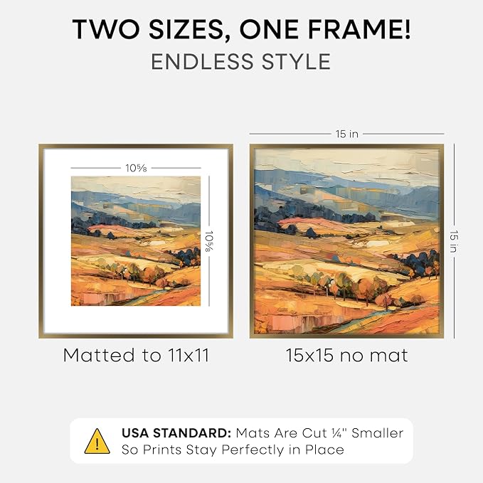 Homeforia 15x15 Picture Bronze Frame, High End Metal 15 x 15 Square Poster Frame with Mat 11 x 11 Photo, 15x15 Brass Frame Matted to 11x11 Print, 15by15 Thin Frames, Tempered Glass, Wall Kit, Set of 1