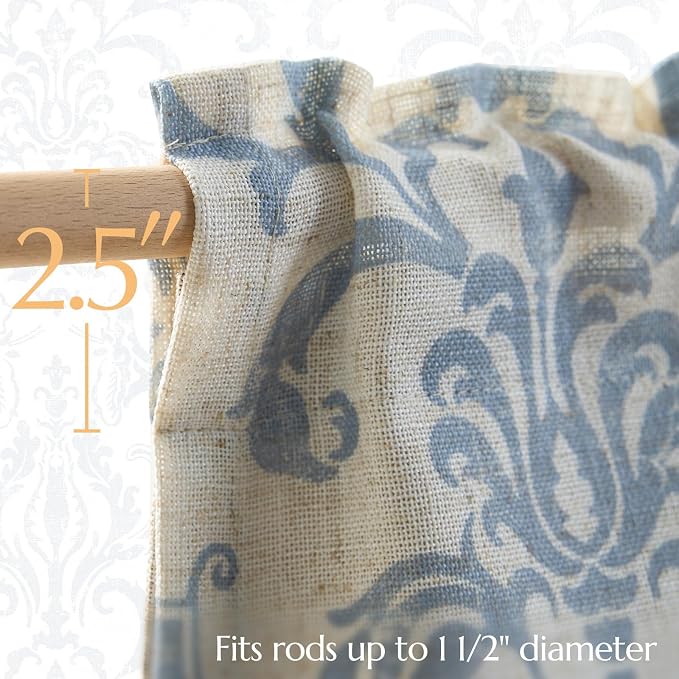 jinchan Linen Valance Curtain for Kitchen Vintage Damask Floral Light Filtering Double Layer Small Window Valance for Living Room Bedroom Bathroom 18 Inch Rod Pocket 1 Panel Light Blue on Beige