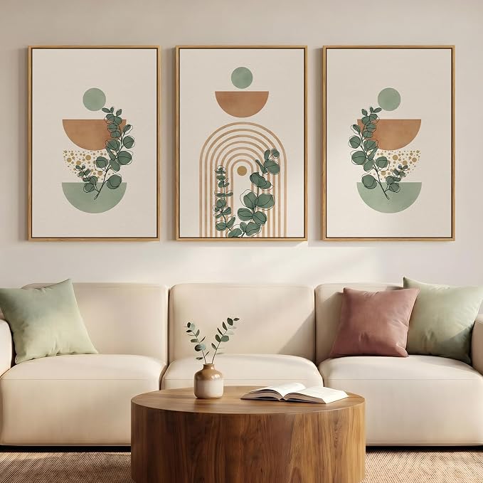 Large Framed Abstract Boho Wall Art for Living Room, 3 Piece Botanical Sage Green Plant Canvas Artwork for Walls, Minimalist Neutral Geometric Line Prints Paintings for Dining Room Hallway 20x30 Inch