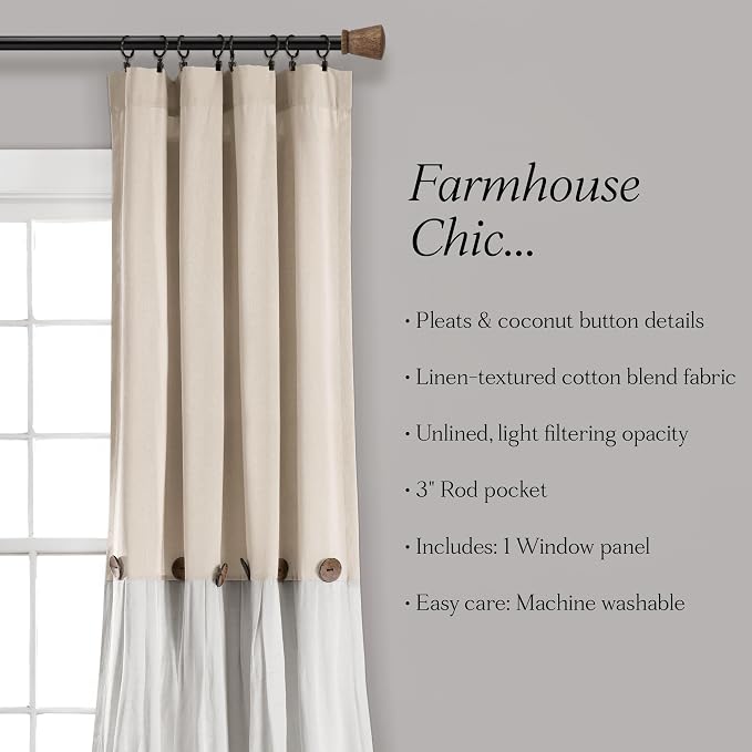 Lush Decor Linen Button Window Curtain Panel, Single, 40" W x 108" L, Linen - Country Curtains - Rustic Decor - Color Block Modern Farmhouse Curtains For Living Room, Bedroom & Dining Room