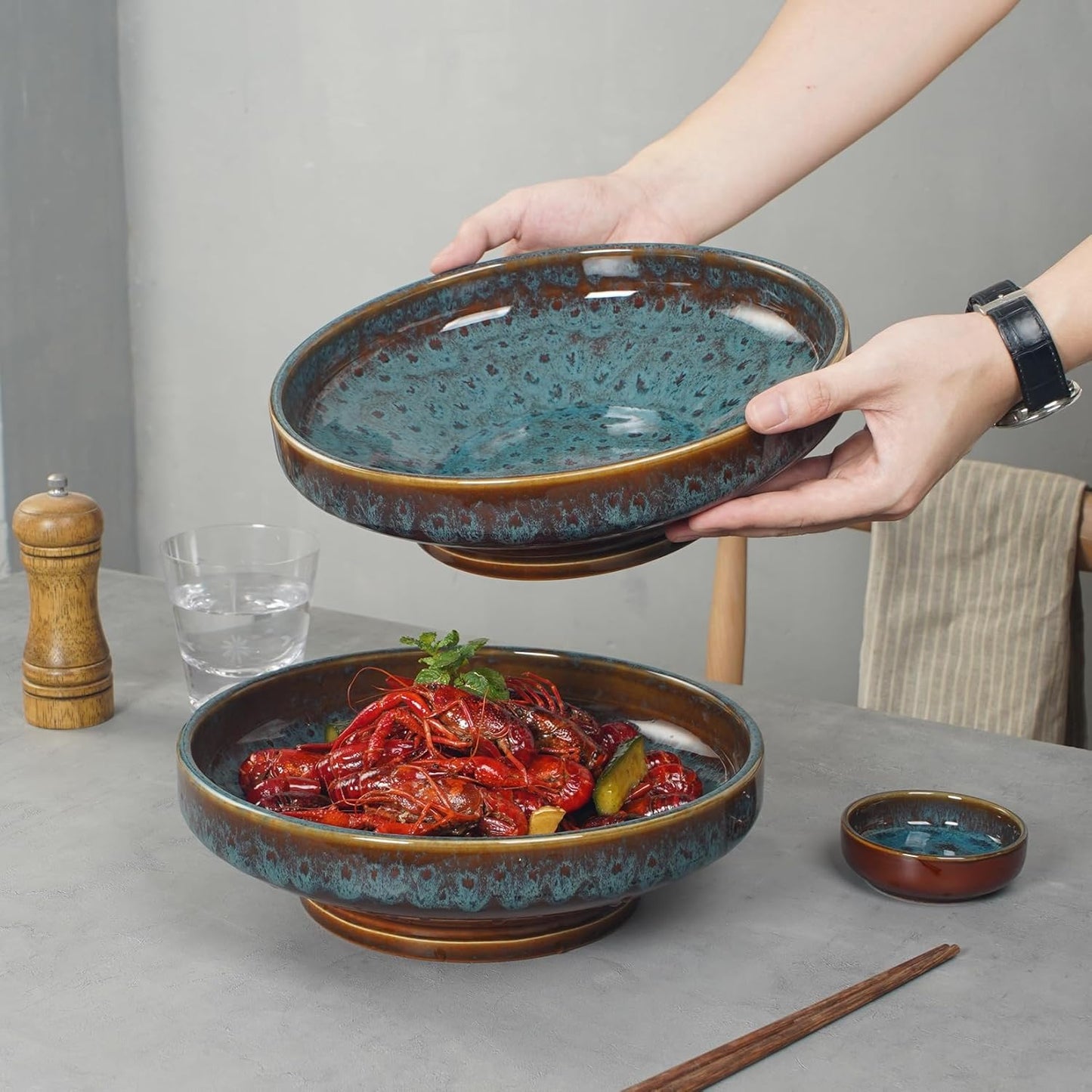 Ceramic Fruit Bowl for Kitchen Counter,Decorative Pedestal Bowl for Table Countertop,Large Footed Serving Bowl,10.2 Inch (peacock Green)