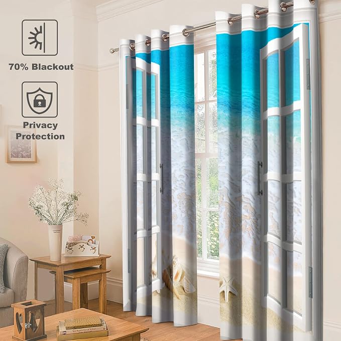 Jekeno Ocean Beach Blackout Curtains Tropical Scene Sea Waves Shell Starfish Conch View Through White Wooden Window Bedroom Living Room Decor Darkening Grommet Window Drapes 2 Panel Set, 52"x63"
