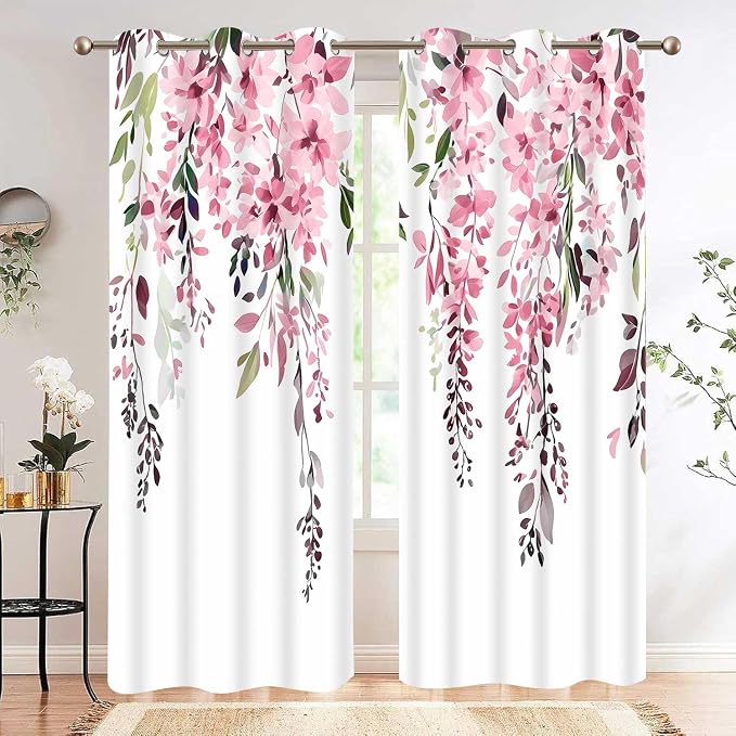 Pink Watercolor Floral Curtains, 42x72 inch, 2 Panels | Botanical Leaves Vine Flowers, Rustic Farmhouse Style, Blackout Window Treatment, For Bedroom Living Room