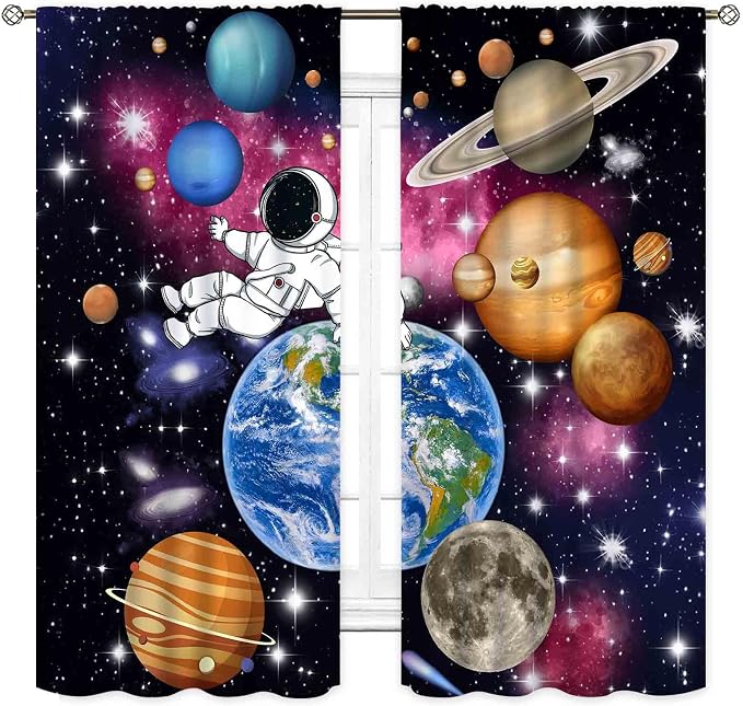Galaxy Curtains for Bedroom, Solar System Universe Outer Space Planet Astronaut Blackout Window Drapery Treatments for Kids Boys Room Living Room Nursery Playroom 2 Panels, 42"x54" Inch