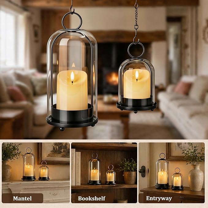 Brass Hurricane Handmade Sturdy Glass Dome Candle Holders with Glass Cover, Set of 2 Flameless Battery Operated LED Pillar Candles and Remote, Elegant Cloche Lantern for Modern Table Centerpiece