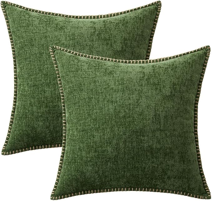 MIULEE Pack of 2 Couch Pillow Covers 22x22 Inch Moss Green Farmhouse Decorative Throw Pillow Covers with Stitched Edge Soft Chenille Solid Dyed Pillow Covers for Sofa Bed Living Room, Forest Gree