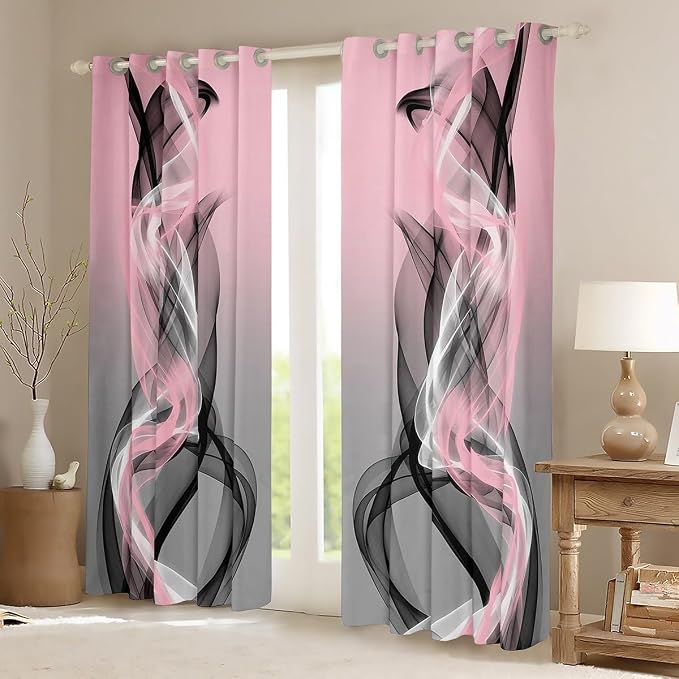 jejeloiu Pink and Black Blackout Curtains Abstract Darkening Drapes for Bedroom Living Room Decor Strip Lines Thermal Insulated Shades Geometric Modern Window Treatments,2 Panels 52 x 84 Inch