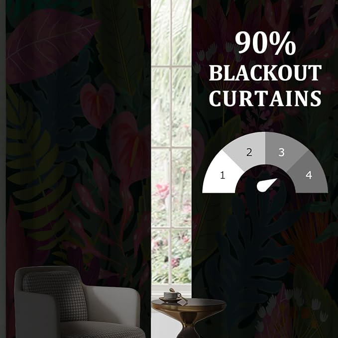 Boho Colorful Floral Blackout Curtain, Abstract Tropical Botanical Leaf Nature Asthetic Curtains, Retro Fun Funky Art Grommet Drapes 2 Panels, Farmhouse Bedroom Living Room Decor 52X84 Inch Green Pink