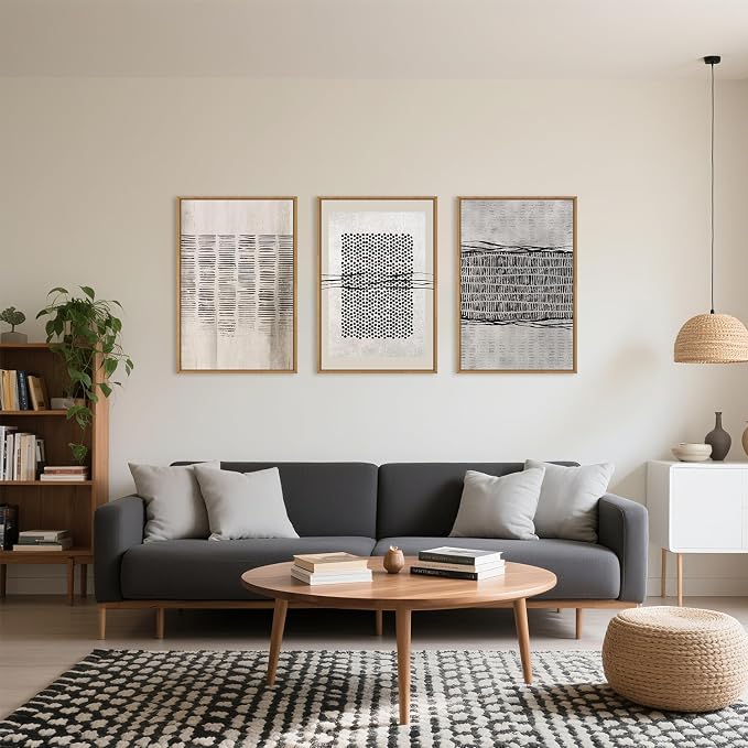 Large Abstract Black and Beige Framed Canvas Wall Art,Minimalist Geometric Lines Wall Decor,Cozy Neutral Shapes Artwork,Modern Lines Dots Art Print for Living Room,Bedroom,Office- 16"x24"x3
