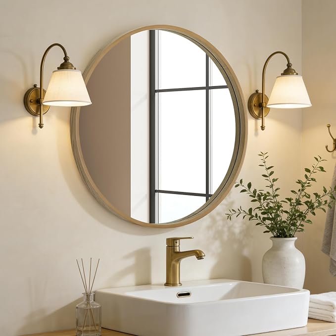 WallBeyond Round Wood Mirror 24 inch Circle Wall Mirror for Bathroom Round Wall Mirror for Wall Decor, Vanity, Entryway Living Room (Natural)