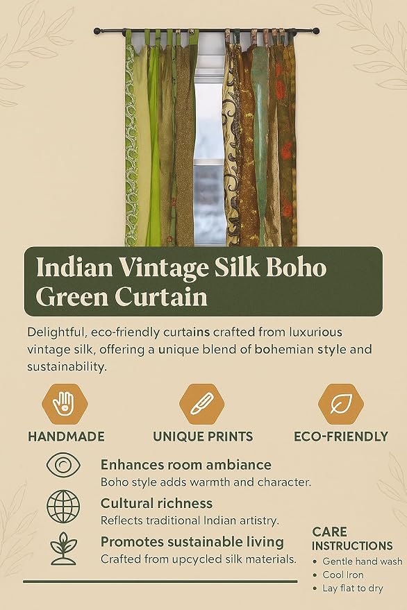 Assorted Hippie Colorful Curtains Light-Filtering – Boho Curtains, Bed Canopy Panel, Tapestry or Window Treatment Patchwork Green Color (84 X 43 Inches)