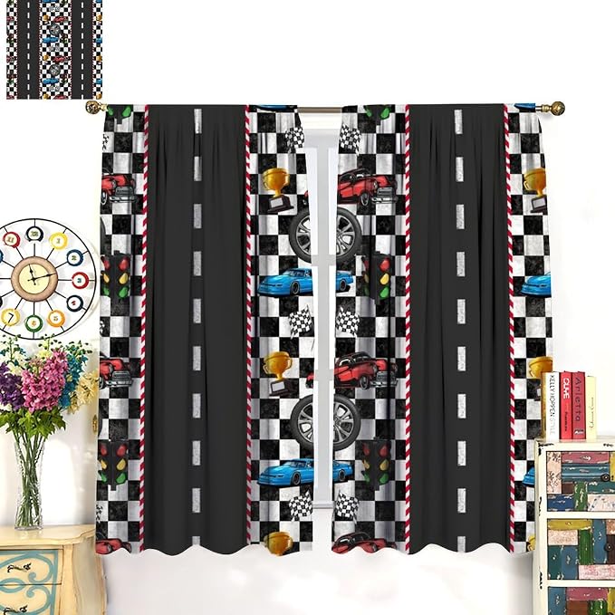 Race Car Curtain,Checkered Flag Black and White Race Cars Window Treatment Curtains Cloth Farbic for Kitchen Bedroom Cafe Dining Room Office Living Room Drapes, 84x84 in