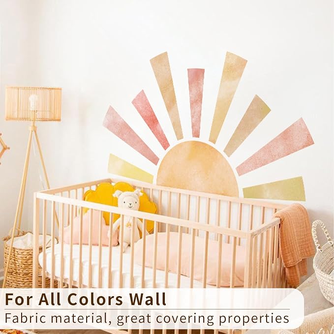 Large Fabric Watercolor Boho Half Sun Wall Decal Peel and Stick, Pastel Sunrise Backdrop Murals Stickers, Sunshine Wall Art Decor for Kids Room Playroom Nursery Bedroom, 48.03" x 28.74"