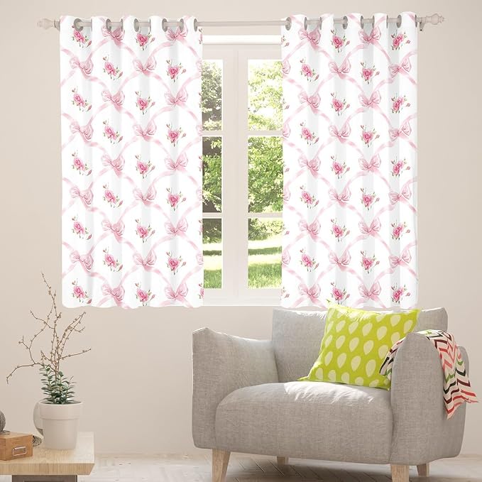 Erosebridal Rose Bow Window Curtain Pink Bowknot 38" Wx54 L Curtain for Kids Girls Teen Room Decor,Cute Kawaii Bow Flower Window Treatments Light Pink Plaid Bowknot Curtains & Drapes