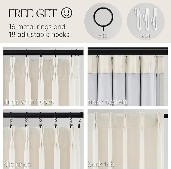 Topfinel 95 Inches Long Pinch Pleated 100% Blackout Curtains,Thermal Insulated Brich Linen Pinch Pleat Viral Drapes with Hooks Rings 2 Panel Sets,Neutral Cream Ivory Back Tab Window Curtains