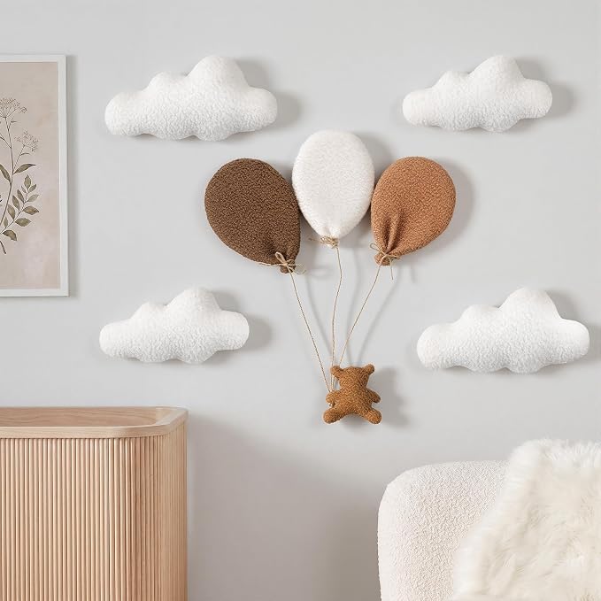 Chumia 5 Pcs Teddy Bear Nursery Wall Decor Balloons Nursery Wall Art with Clouds Star Soft Plush Baby Room Decor Gender Neutral for Bedroom Playroom Decoration