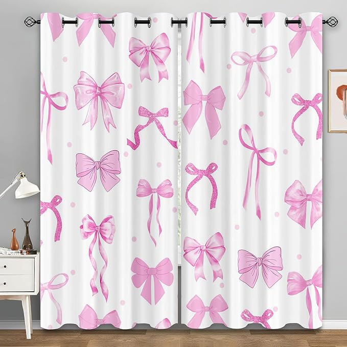LUVIVIHOME Cute Curtains, Pink Bow Blackout Curtains, Girls Bedroom Decor, Aesthetic Girly Curtains, 2 Panel Sets, 52x63 Inch