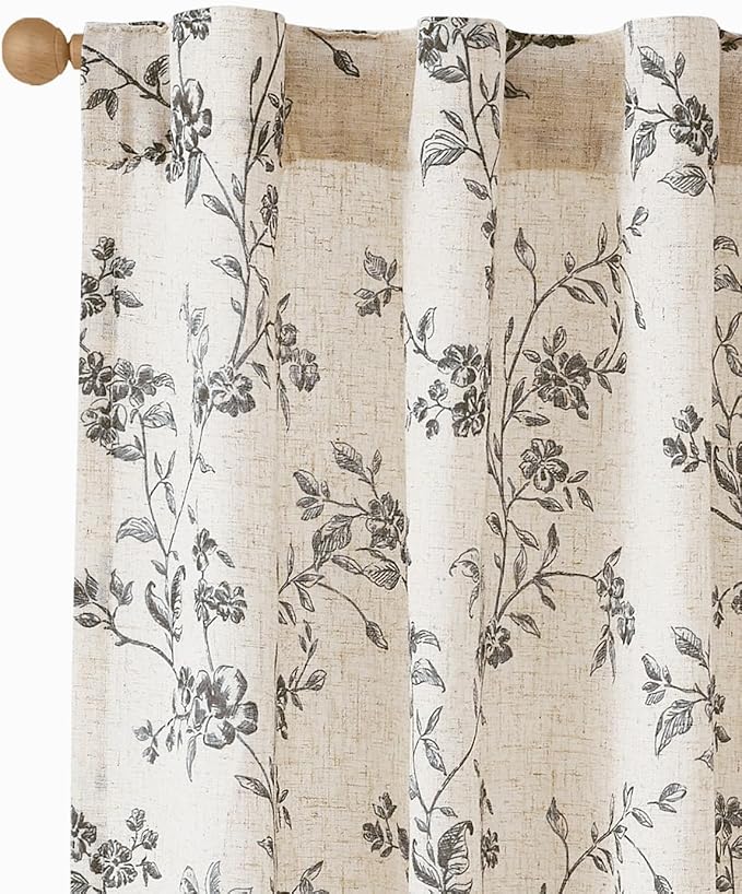 jinchan Black Floral Linen Curtains 96 Inch Farmhouse Back Tab 2 Panels | Flower patterned drapes, french country, printed, privacy, light filtering, bedroom, living room, dining room, home decor