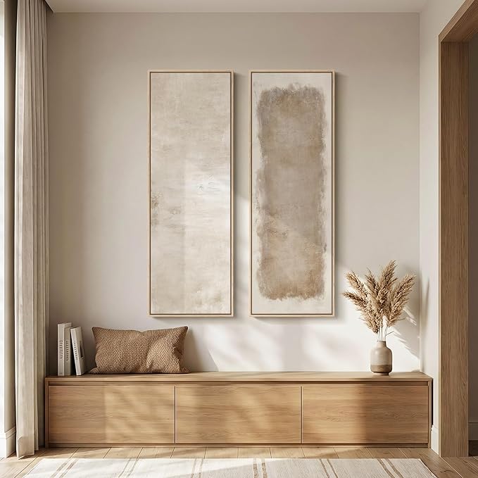 Large Framed Neutral Abstract Vertical Wall Art, Set of 2 Modern Canvas Prints Paintings for Walls, Tall Beige Cream Long Narrow Minimalist Pictures for Living Room Bedroom Hallway Entryway Wall Decor