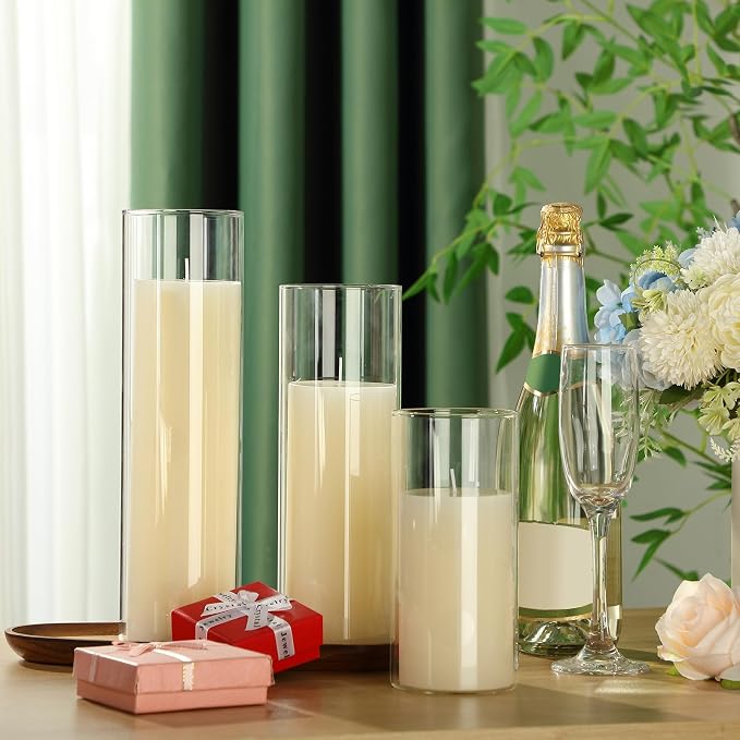 Shihanee Set of 3 Pillar Candles and 3 Glass Cylinder Candle Vases Holders Clear Pillar Jars for Wedding Centerpieces(3.4'' X 7", 9.8", 11.8",Ivory White)
