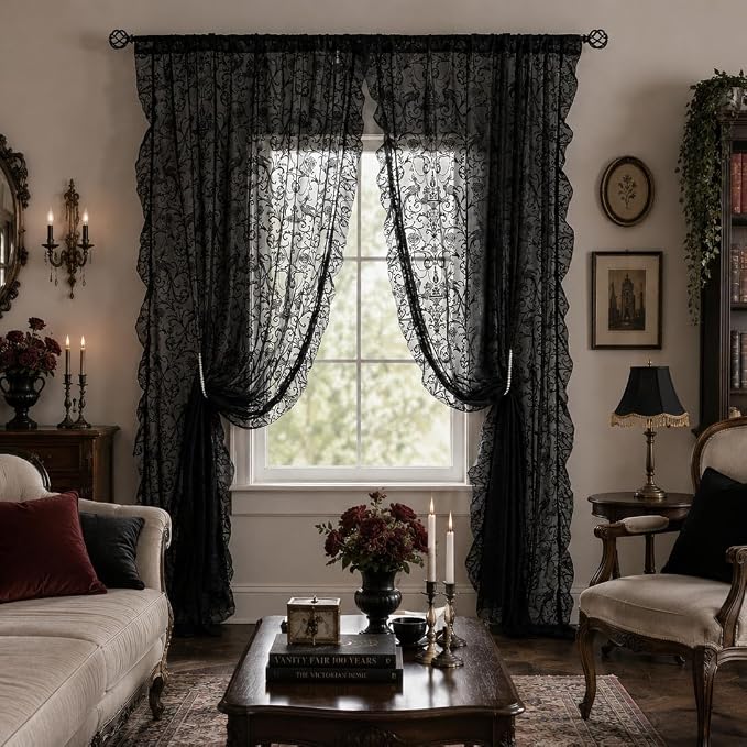 TUDECO Black Ruffle Curtains 90 Inches Long - Boho Floral Semi Sheer Black Lace Curtains for Living Room, Old House Tulle Rod Pocket Light Filtering Gothic Bedroom Decor 2 Panels, 59W x 90L Inch
