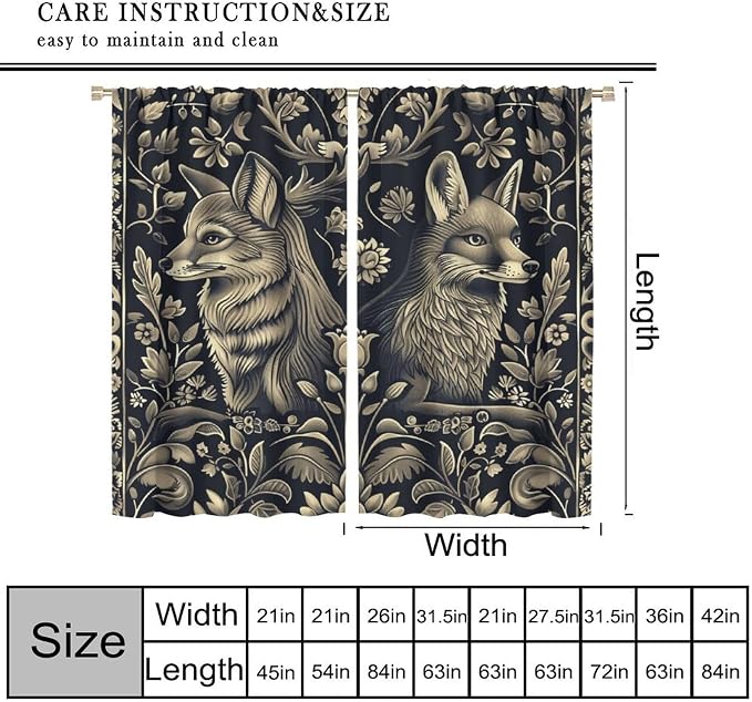 Vintage William Morris Blackout Curtains, Rustic Forest Abstract Country Fox Flower Window Drapes, for Bedroom Living Room 42" W X 54" L