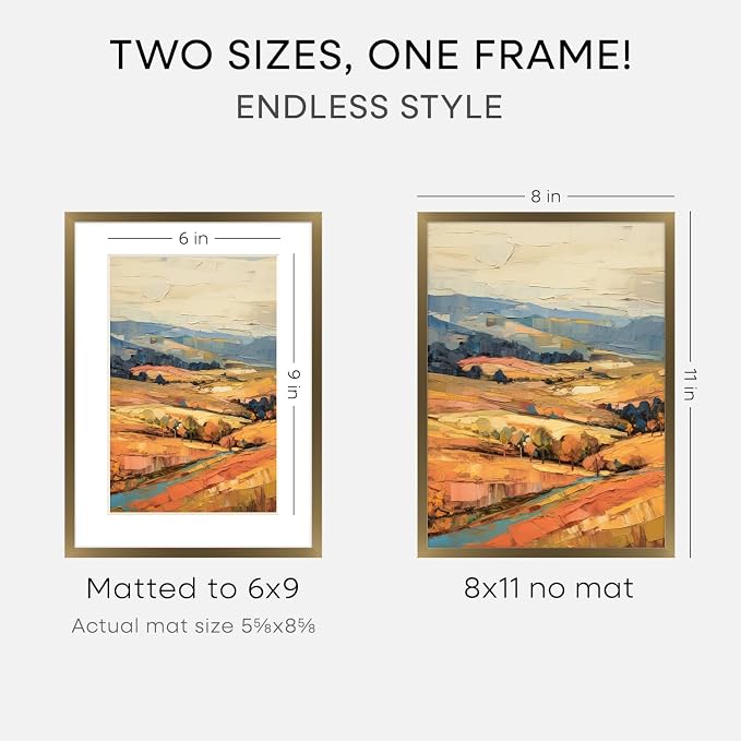 Homeforia 8x11 Picture Frame Bronze, High End Metal 8 x 11 Brass Frames with Mat 6 by 9 for Photo, 11x8 Frame Matted to 6x9 inch Print, 8by11 Wall or Tabletop Frame, Tempered Glass, Wall Kit, Set of 3