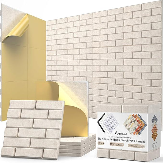 12Pack Acoustic Wall Panels, Self-Adhesive 3D Brick Pattern Sound Proof Panels for Walls, High Density Decorative Acoustic Foam Sound Proofing for Recording Studios, Offices, Home, 12"×12"×0.4", Camel