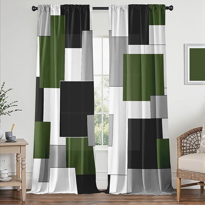 Green and Black Curtains for Living Room 84 Length Curtains Modern Geometry White Green Abstract Rod Pocket Curtain for Bedroom Kitchen Room Window Drapes 2 Panels
