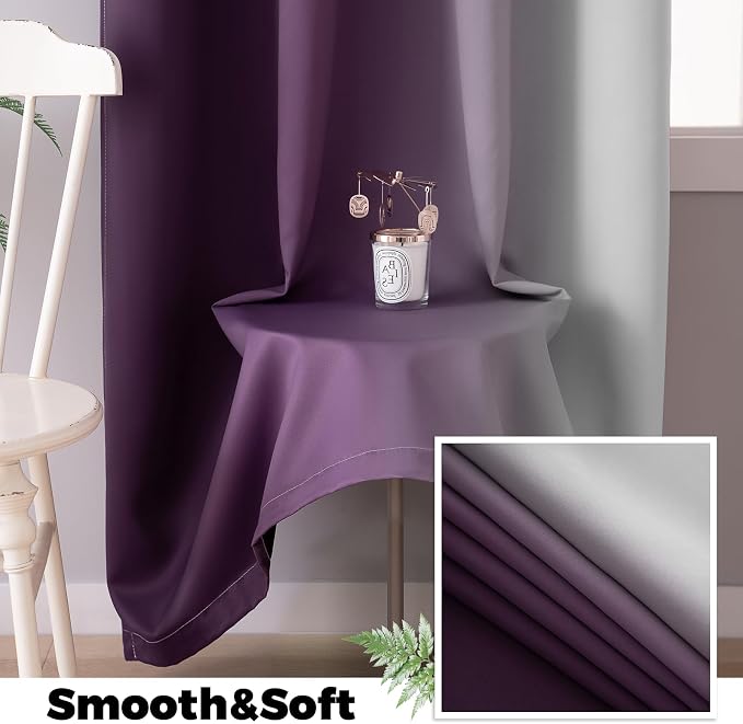Yakamok 100% Blackout Curtains Ombre Purple Curtains for Bedroom 63 Inch | 2 Layers,Room Darkening Grommet Gradient Drapes,Light Blocking Thermal Insulated Window Curtains for Living Room 52W x 63 L