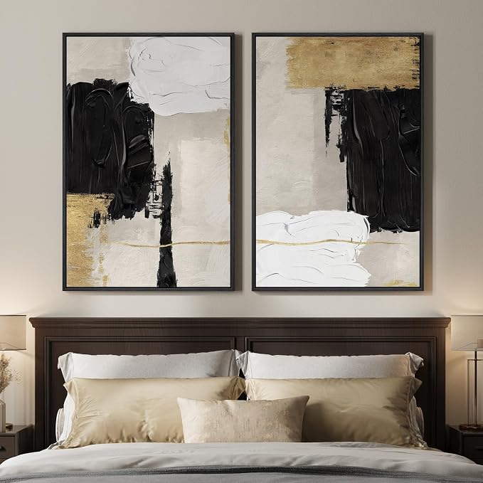 Framed Black and White Abstract Wall Art for Living Room, Set of 2 Gold Modern Minimalist Canvas Artwork for Walls, Large Black White and Gold Luxury Prints Wall Decor for Bedroom Hallway, 24x36 Inch