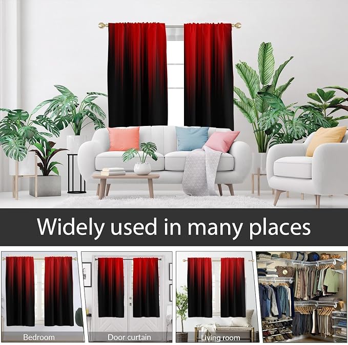 AAtter 100% Blackout Red Black Window Curtains, Rod Pocket 42" W x 63" L | Dark Burgundy Ombre, Thermal Insulated Drapes, Modern Gothic Striped, Abstract Anime Style, 2 Panels Bedroom Decor for Men