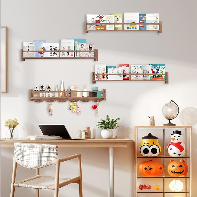 34Inch Nursery Book Shelves Wall Mounted, Floating Book Shelf for Kids Coat Rack with 6 Hooks, Wall Hanging Shelf for Baby Nursery Room Organizer ，Patent Number:US-D1058229-S(4, Light Brown)