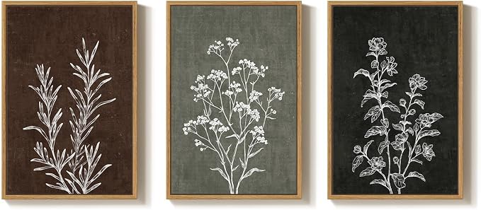 Framed Boho Botanical Wall Art for Living Room, 3 Piece Rustic Floral Canvas Painting Prints, Vintage Framhouse Minimalist Neutral Artwork For Bedroom Hallway Dining Room Wall Decor, 24 x 36 Inch