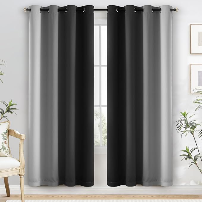 Yakamok 100% Blackout Curtains Ombre Black Curtains for Bedroom 72 Inch | 2 Layers,Room Darkening Grommet Gradient Drapes,Light Blocking Thermal Insulated Window Curtains for Living Room 52W x 72 L