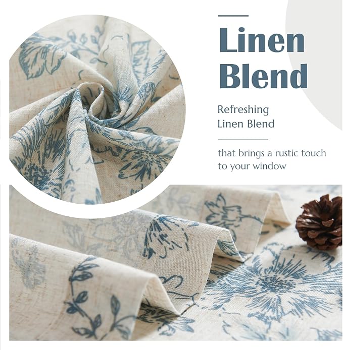 jinchan Linen Floral Tier Curtains 36 Inch Farmhouse Botanic Cafe Curtains Light Filtering Drapes for Small Windows Back Tab Half Window for Kitchen Living Room Bathroom 2 Panels Blue