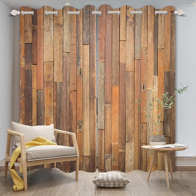Wooden Curtains Vertical Planks Wooden Window Curtains Rustic Wooden Barn Door Grain Cottage Hardwood Garage Door Bedroom Living Room Window Drapes Decor with Grommets,53x63 inch,2 Panels