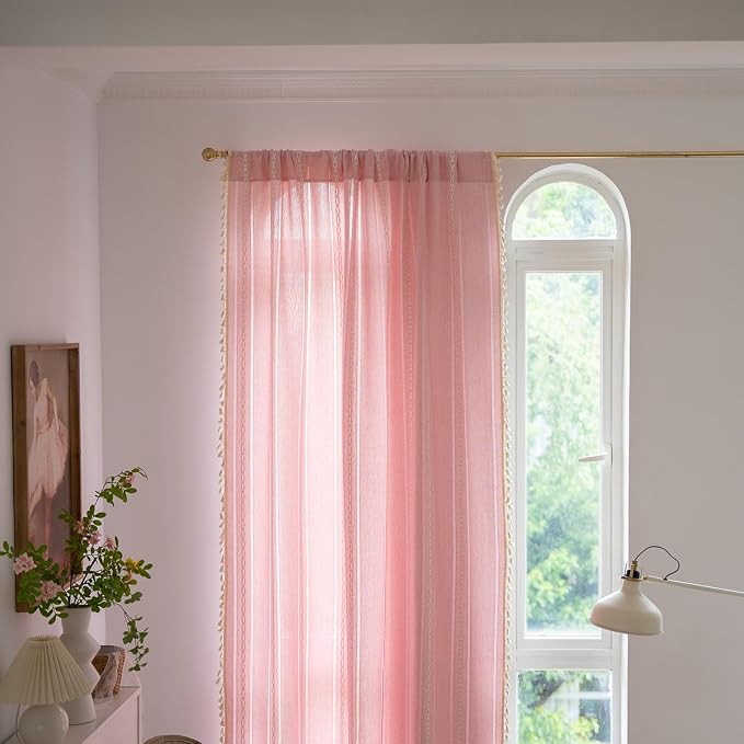 RoomTalks Cute Pink Textured Curtains for Girls Bedroom Nursery 84 Inches Length 2 Panels Light Filtering Boho Chic Tassel Window Curtain Panels Modern Farmhouse Draperies