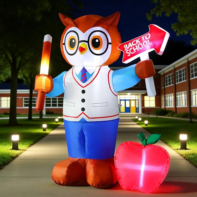 DomKom 5FT Back to School Inflatable Professor Owl with LED Lights, Blow Up Yard Decor with Apple & Pencil, Waterproof Lawn Ornament for First Day School, Classroom Welcome & Graduation Party